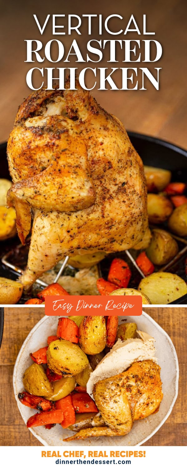 Whole roasted chicken over a bed of root vegetables