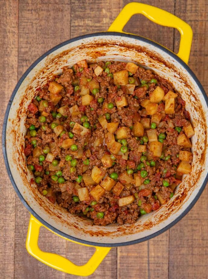 Indian Keema Aloo Beef and Potatoes in yellow pot