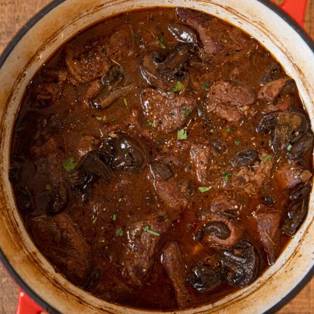 Beef and Mushroom Stew in red dutch oven