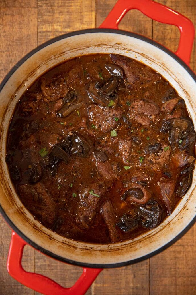 Beef and Mushroom Stew in red dutch oven