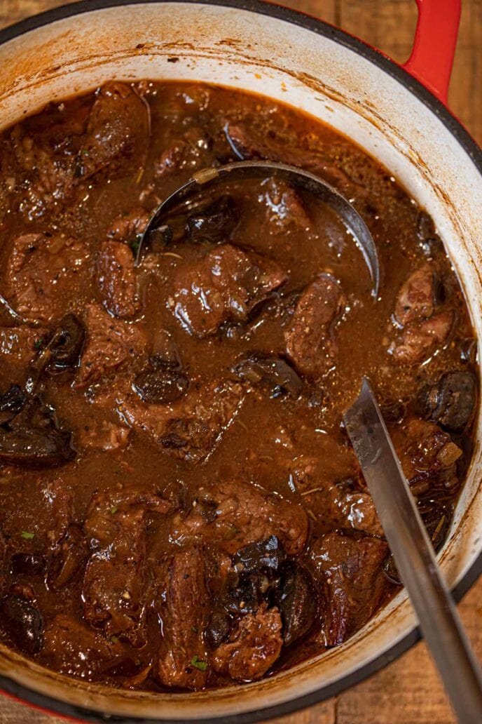 Beef and Mushroom Stew in red pot