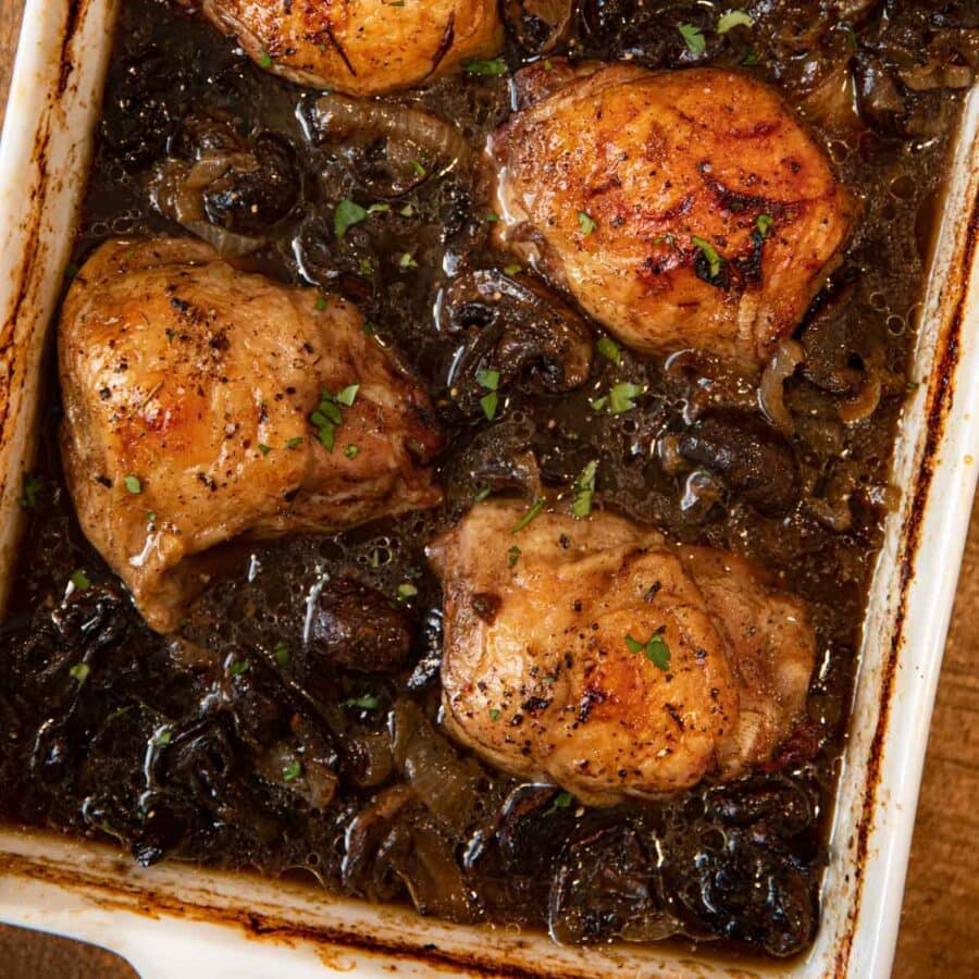 Beer Braised Chicken Thighs in baking dish