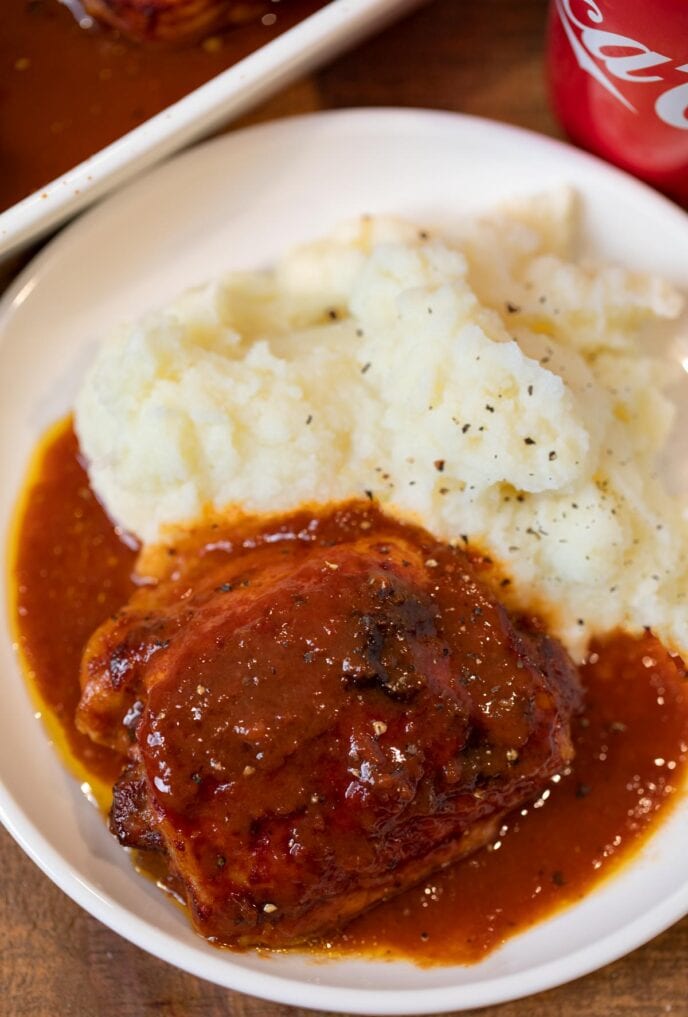 Coca-Cola Chicken in bowl with mashed potatoes