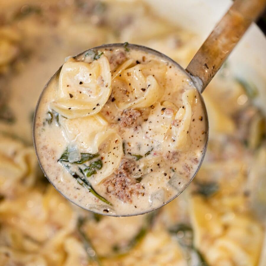 Creamy Sausage Tortellini Soup in ladle closer