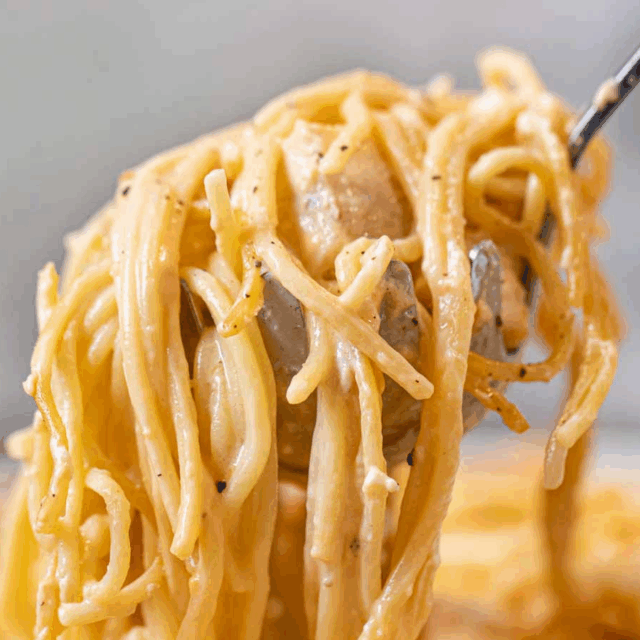 noodles and chicken on a ladle