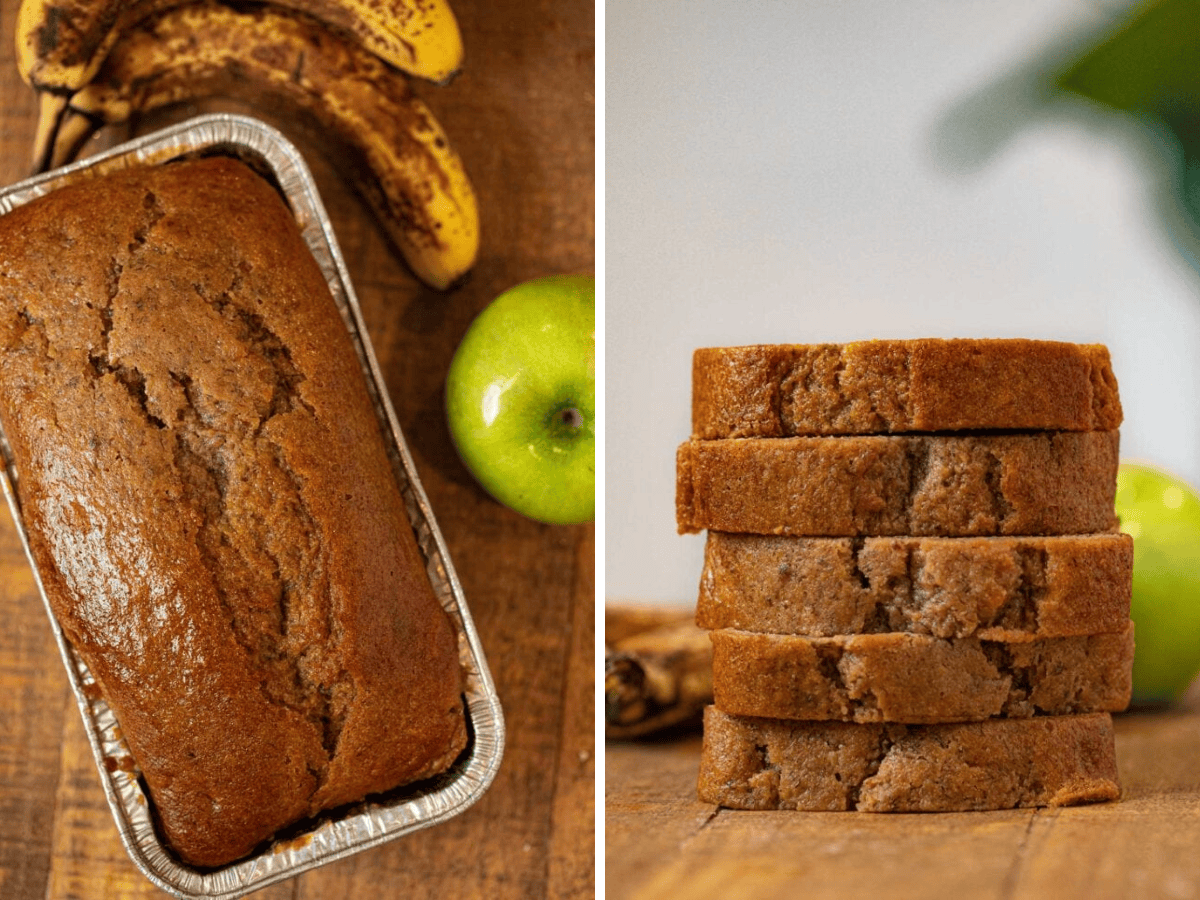 Collage of bread in loaf pan and stacked slice bread
