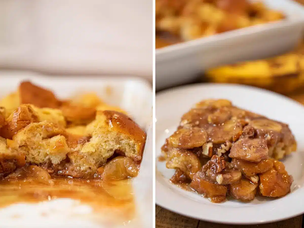 side view of breakfast casserole and plated breakfast