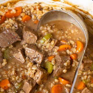Beef and Barley Soup with ladle