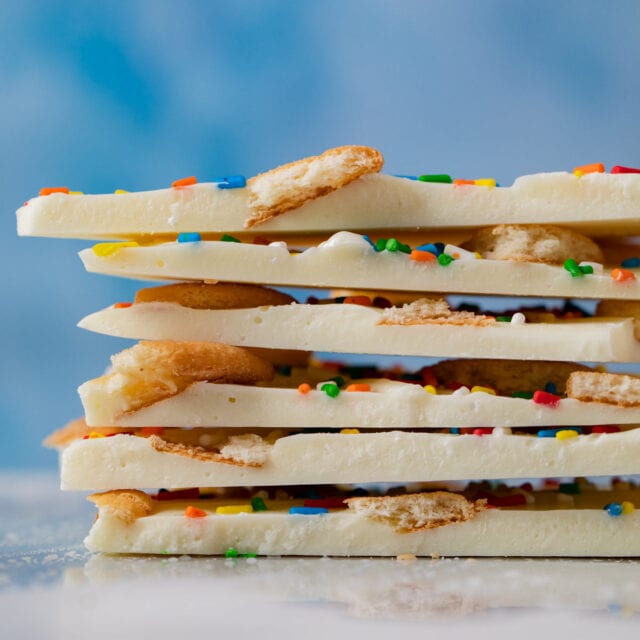 Birthday Cake Bark pieces in stack