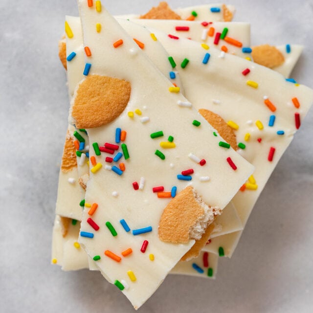 top-down view of Birthday Cake Bark pieces in stack