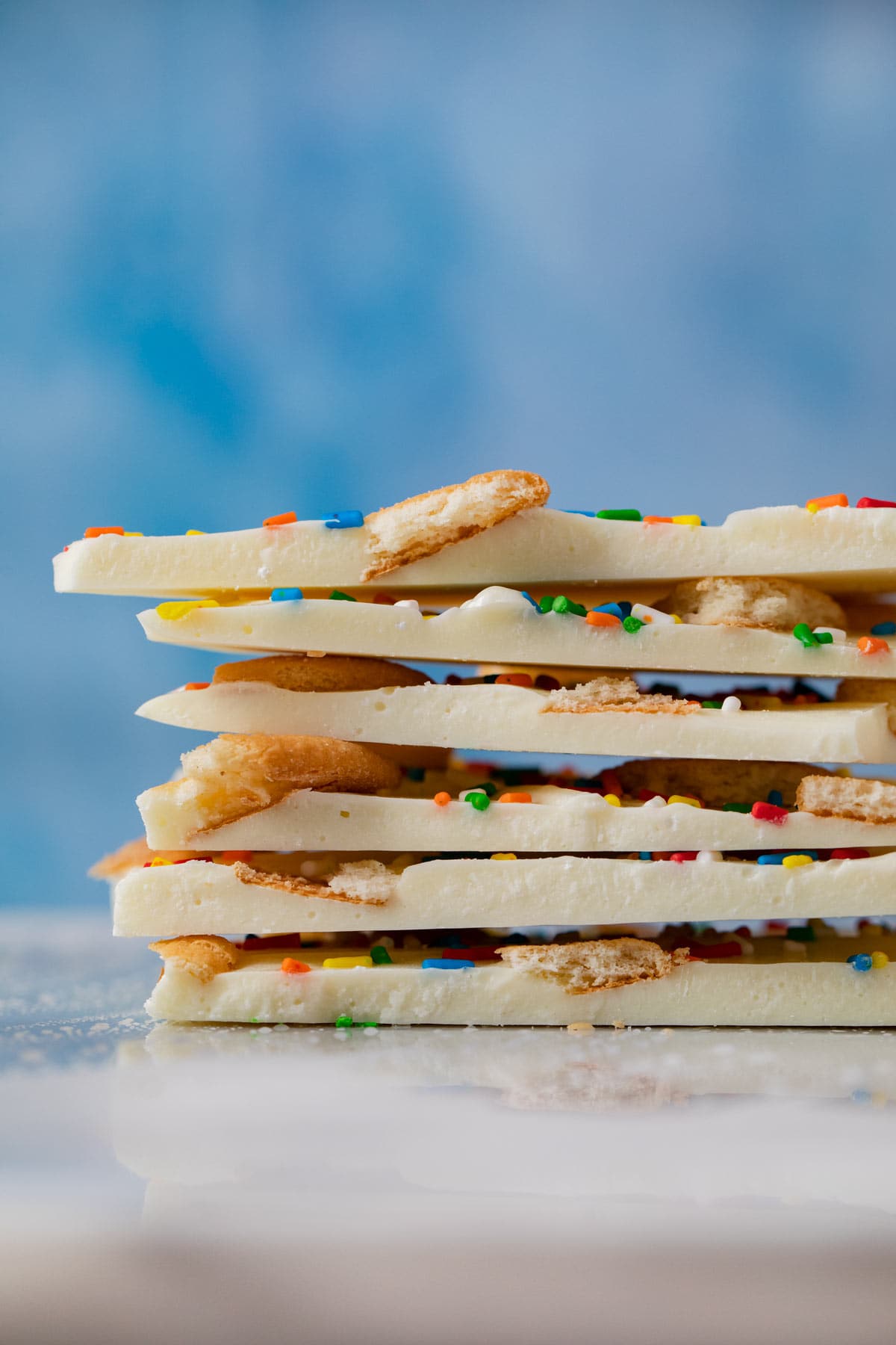 Birthday Cake Bark pieces in stack