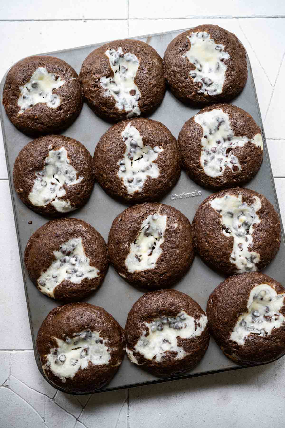 Black Bottom Cupcakes after baking in cupcake tin