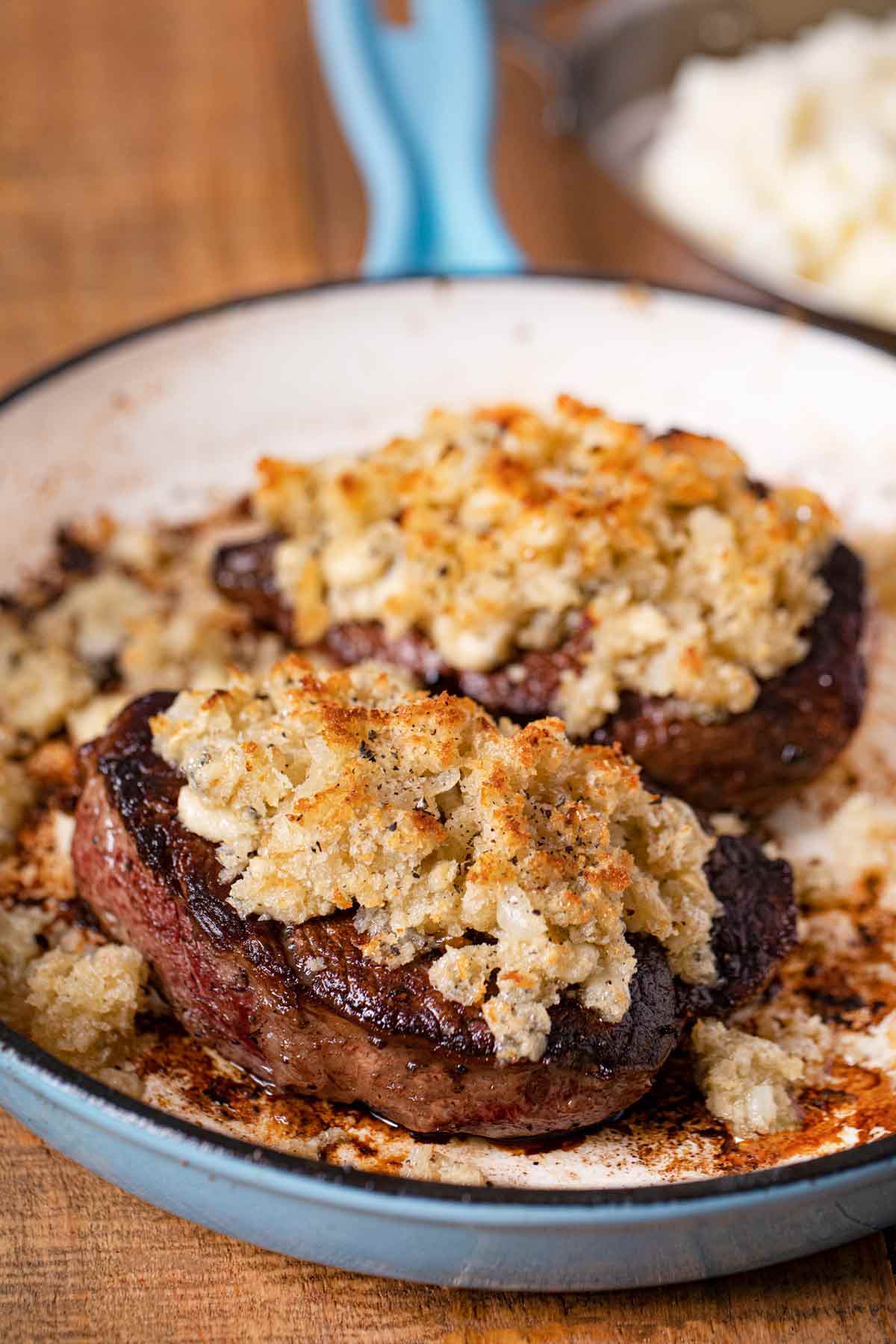 Blue Cheese Crusted Filet Mignon in skillet