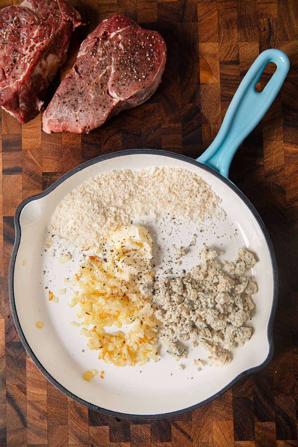 Blue Cheese Crusted Filet Mignon ingredients in skillet