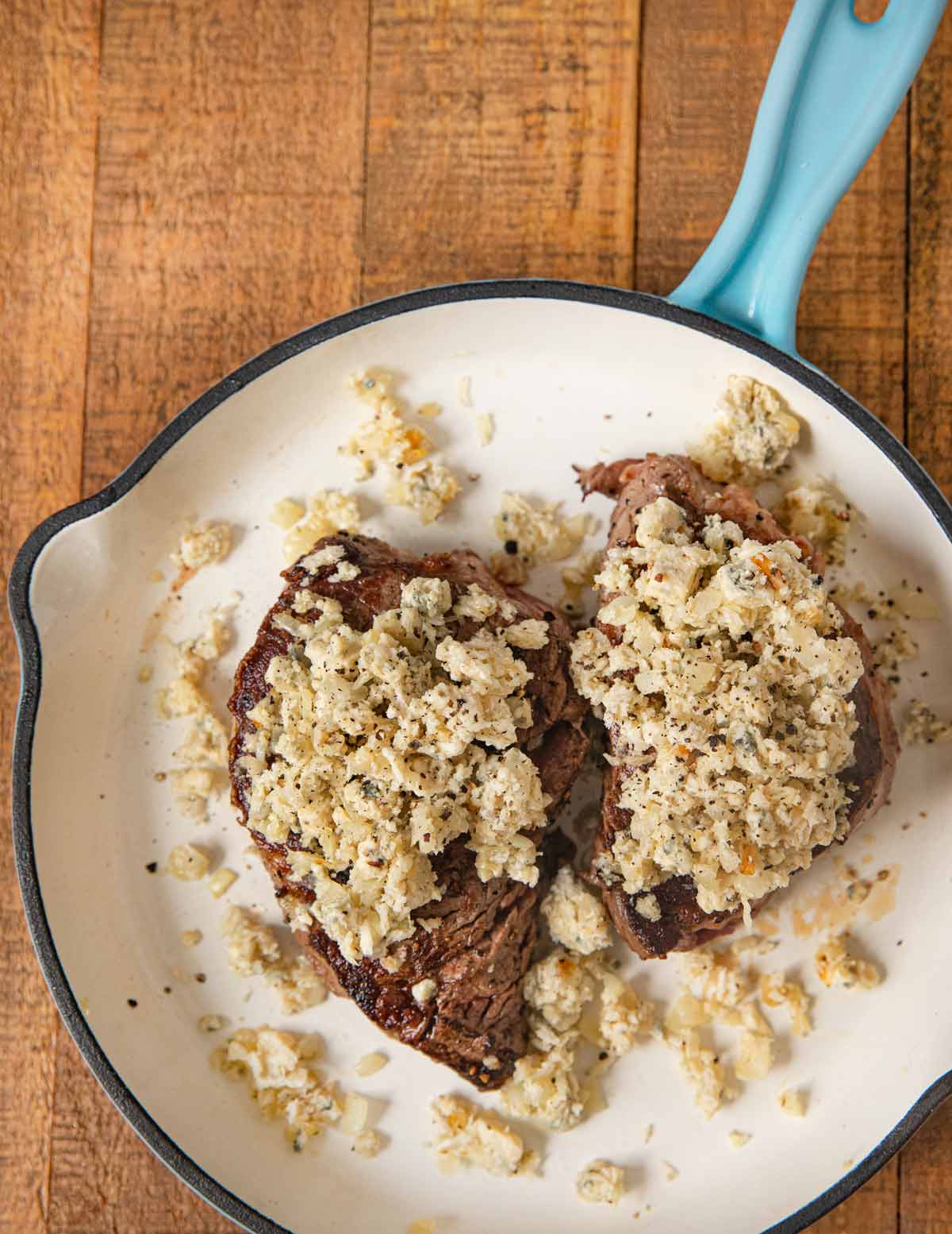 Blue Cheese Crusted Filet Mignon in skillet