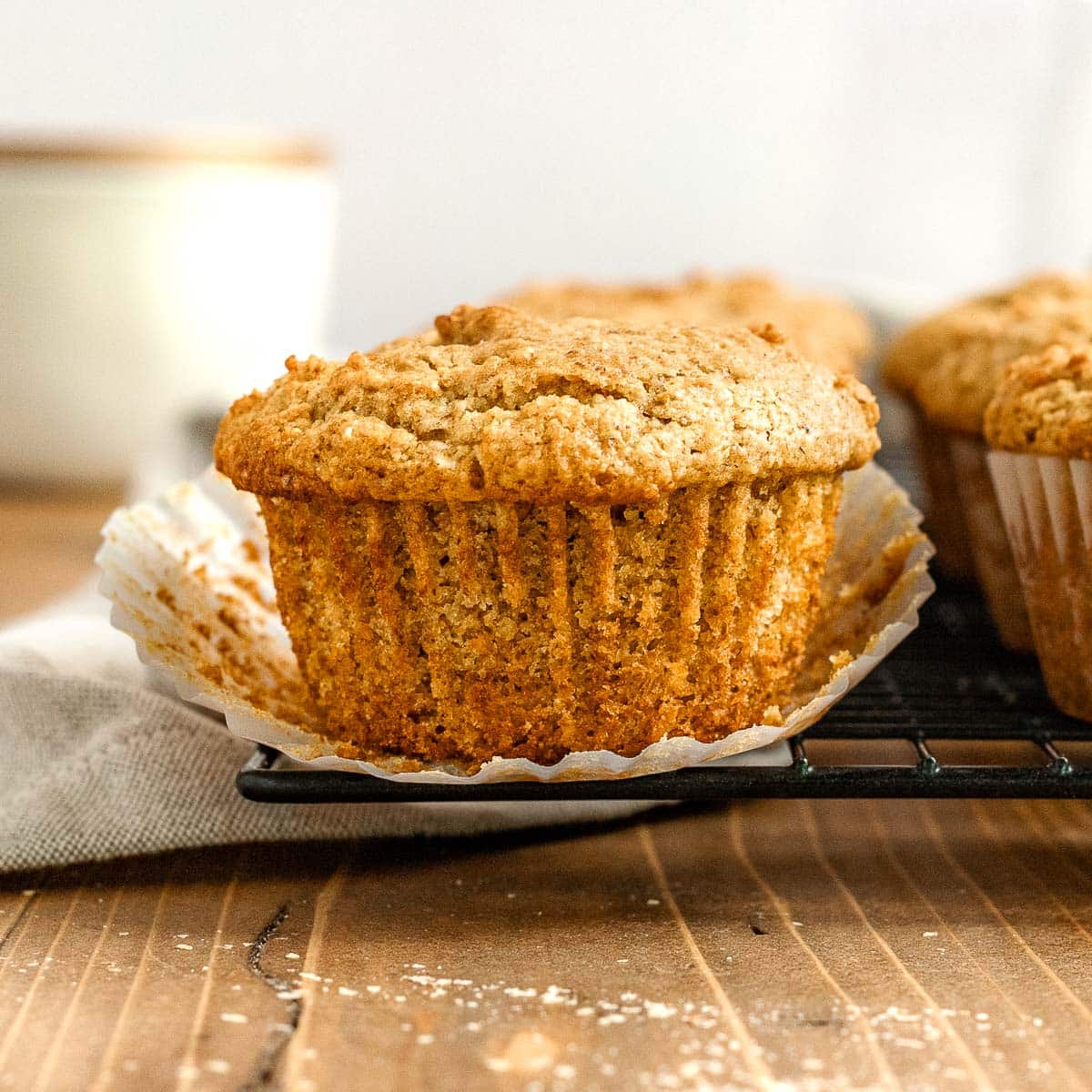 Bran Muffins on wire rack close up on one