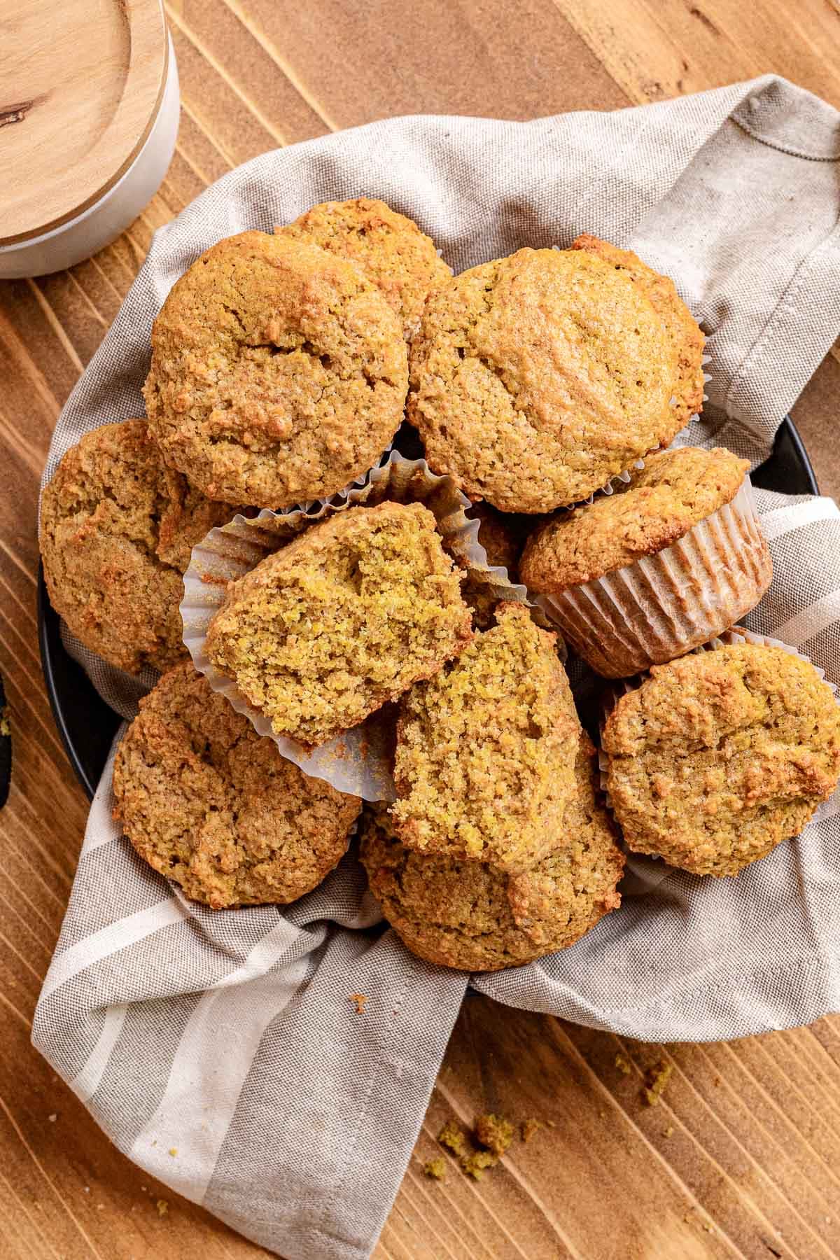 Bran Muffins in linen towel lined bowl