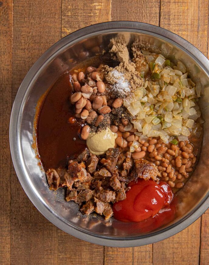 Brisket Baked Beans ingredients in bowl