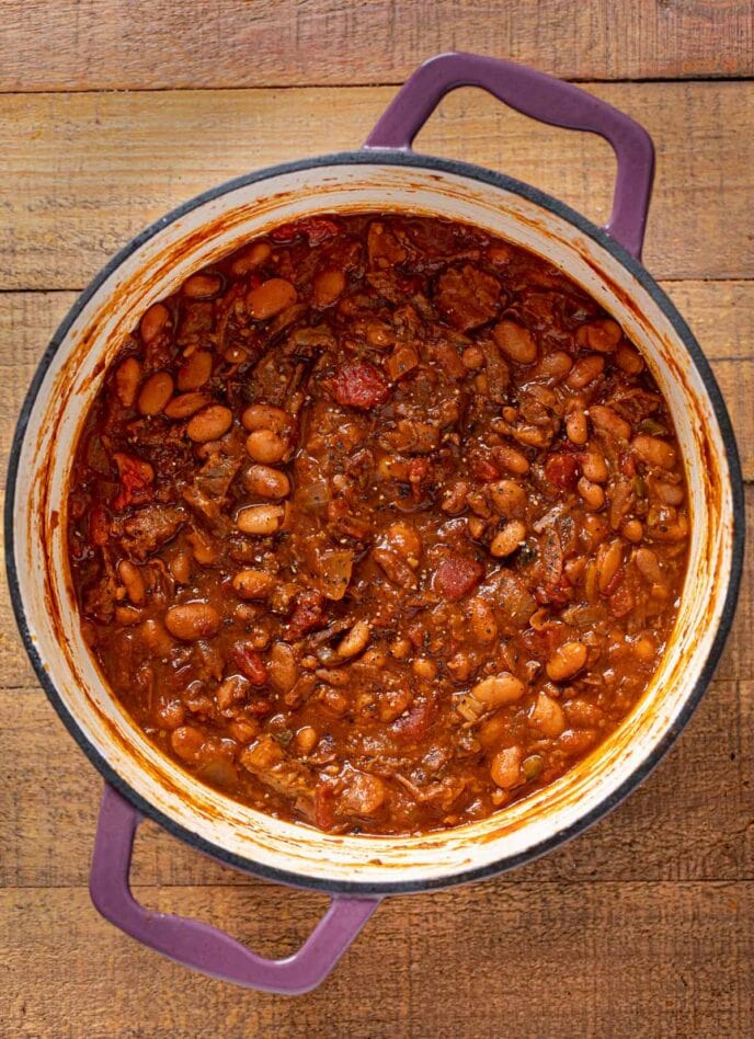 Brisket, Beer and Bean Chili in pot