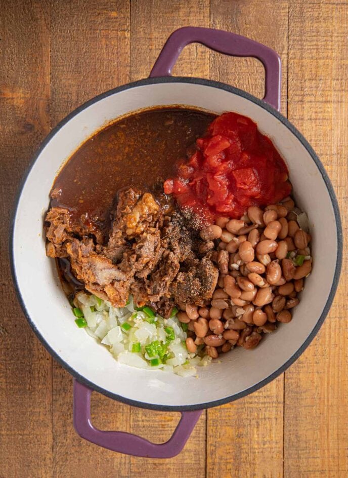 Brisket, Beer and Bean Chili ingredients in pot