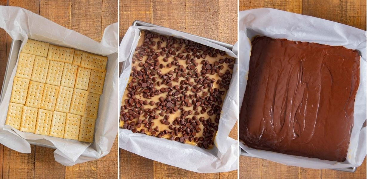 Caramel Cracker Layer Bars prep collage in baking pan