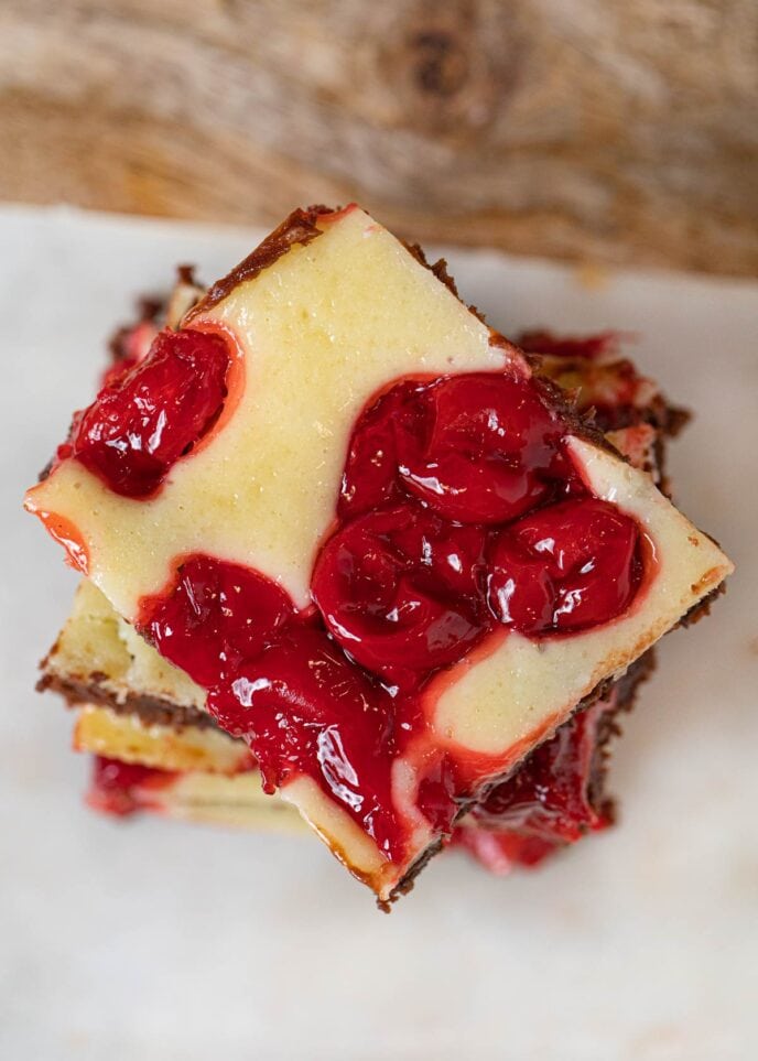 top-down view of Cherry Cheesecake Brownies in stack