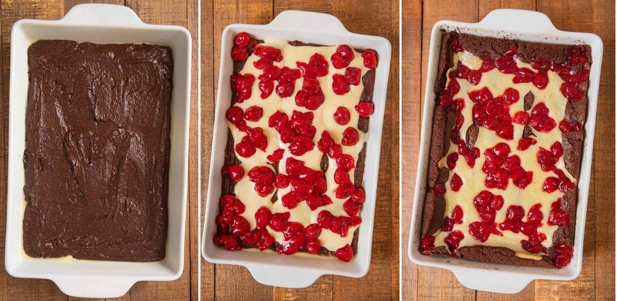 Cherry Cheesecake Brownies collage of prep steps