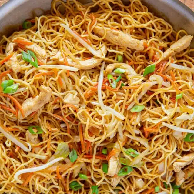 chicken and noodles in pan ready to serve