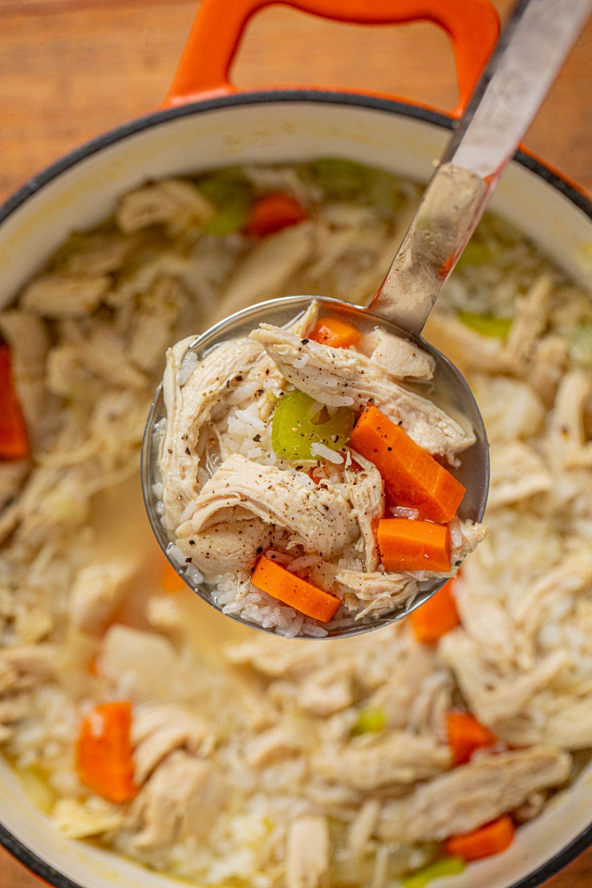 Chicken and Rice Soup serving in ladle