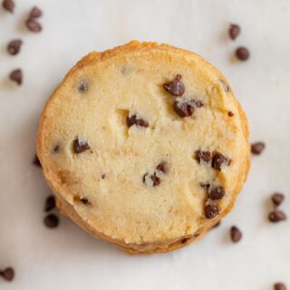 top-down view of Chocolate Chip Shortbread Cookies in stack