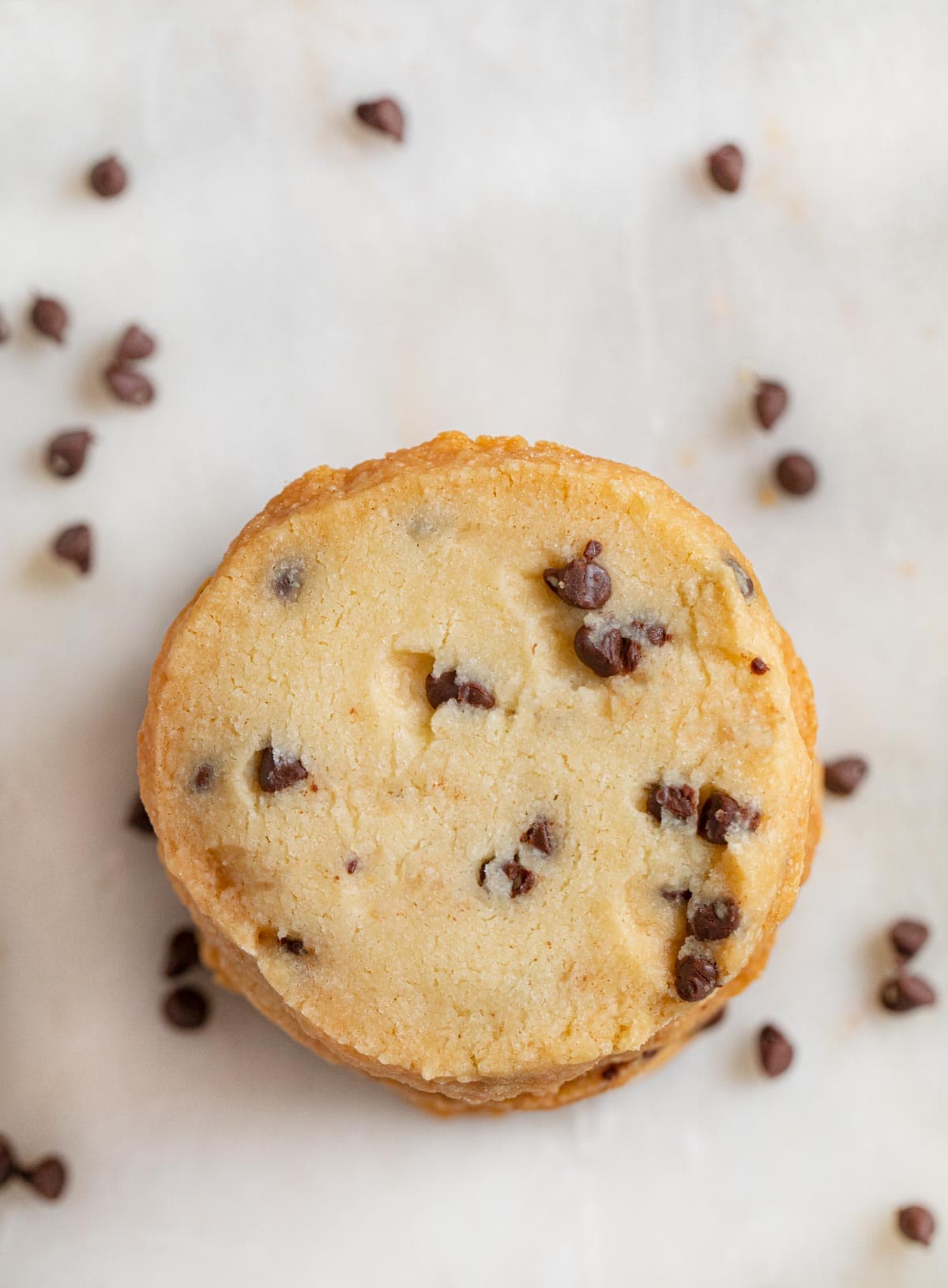 top-down view of Chocolate Chip Shortbread Cookies in stack