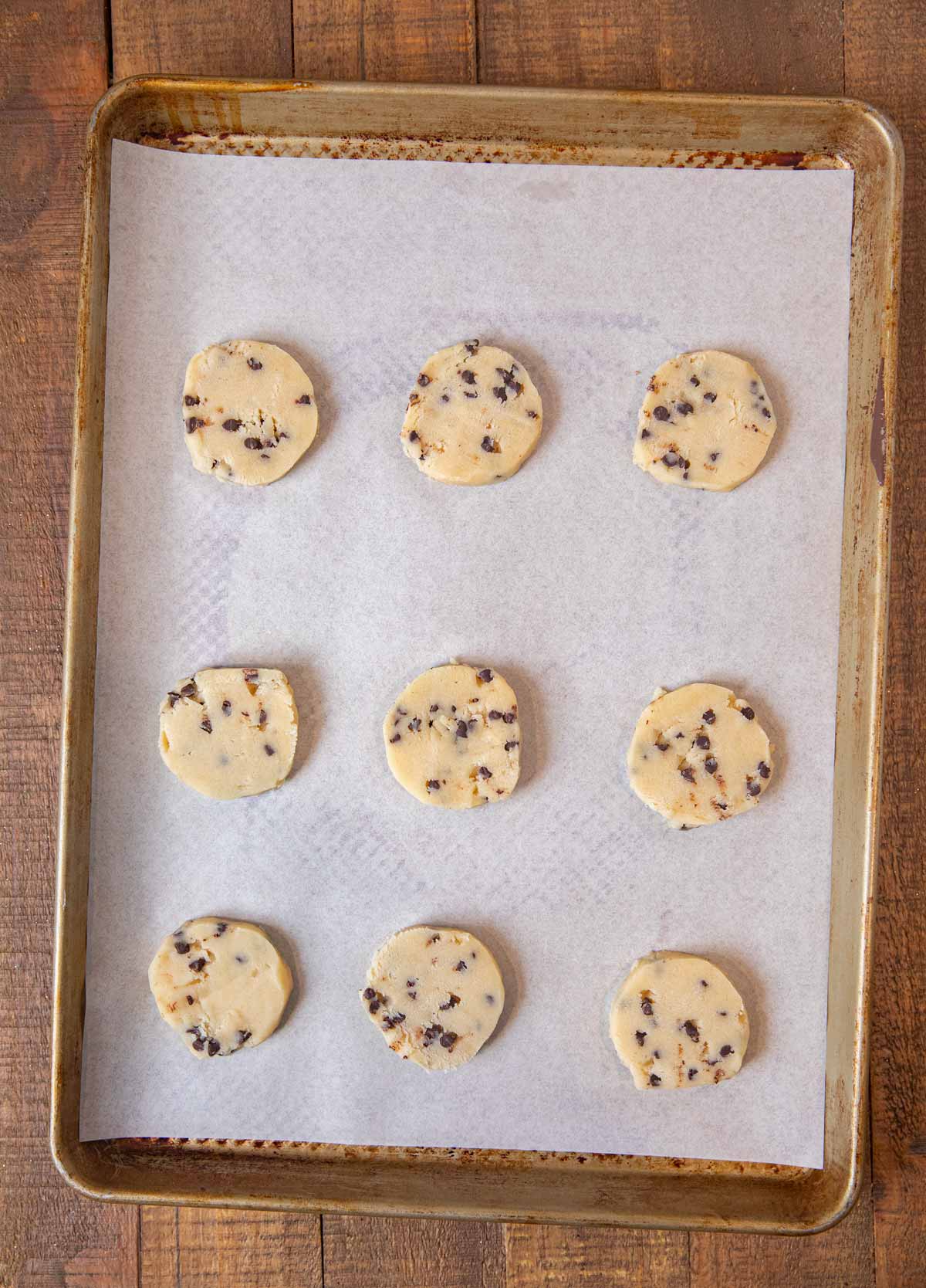 Chocolate Chip Shortbread Cookies on baking sheet before cooking