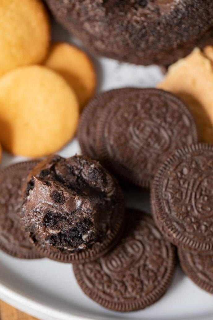 Chocolate Oreo Cheese Ball scoop on Oreo cookie