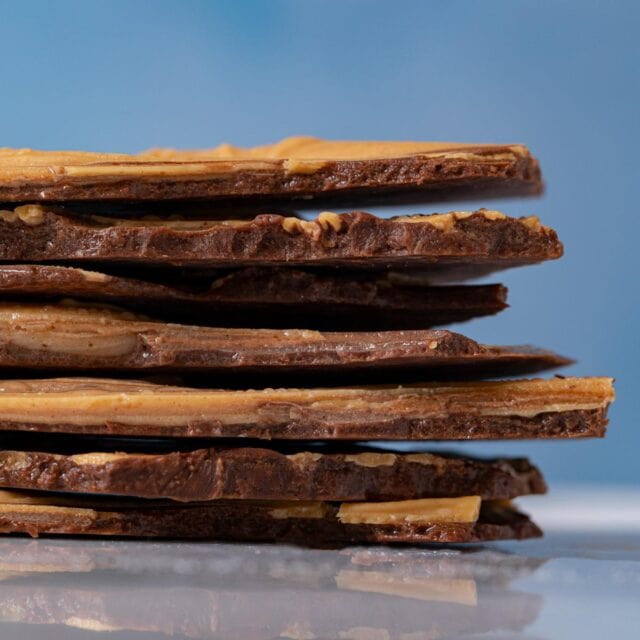 Chocolate Peanut Butter Bark pieces in stack