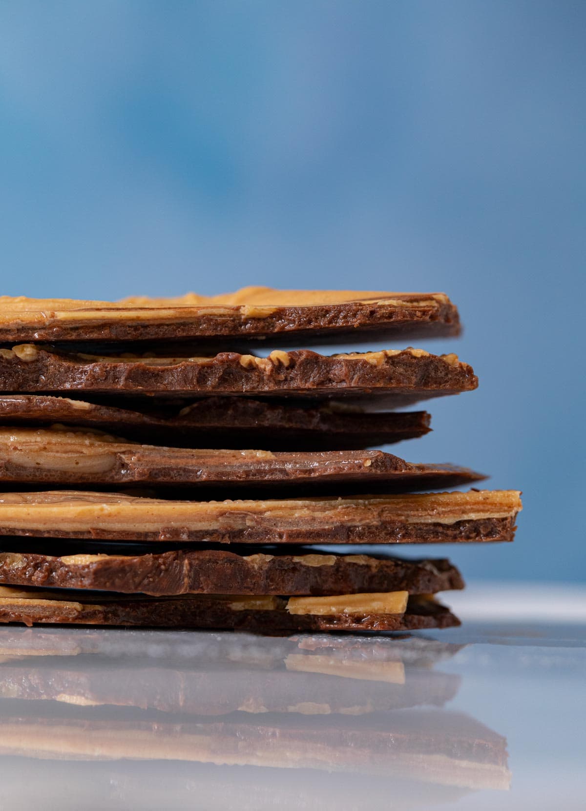 Chocolate Peanut Butter Bark pieces in stack