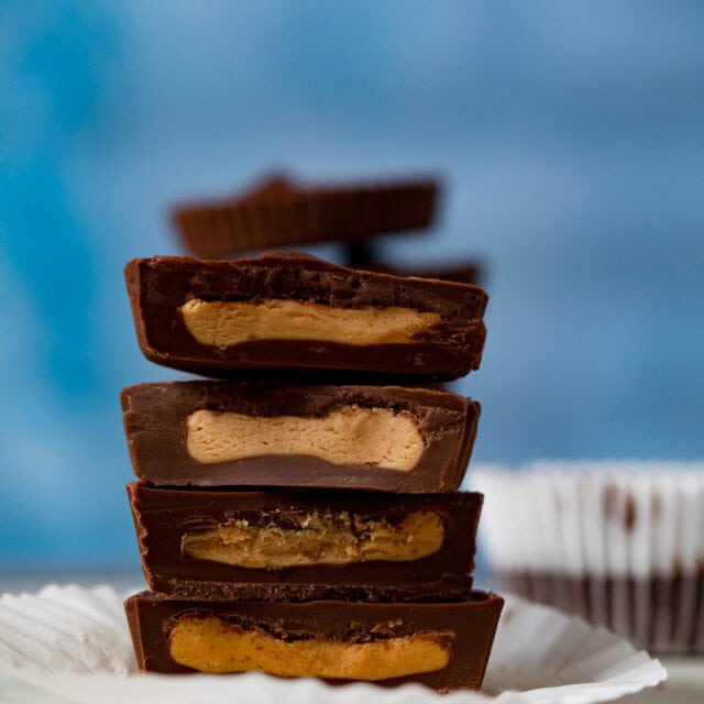 halved Chocolate Peanut Butter Cups in stack