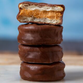 Chocolate Peanut Butter Sandwich Cookies in stack
