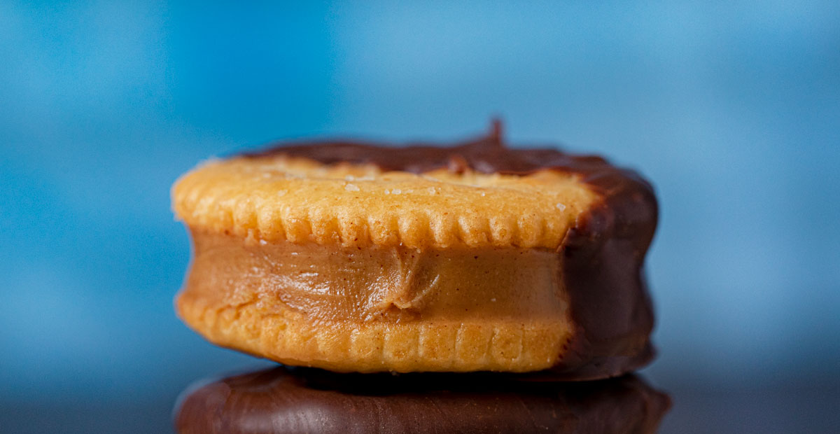 Chocolate Peanut Butter Sandwich Cookies in stack