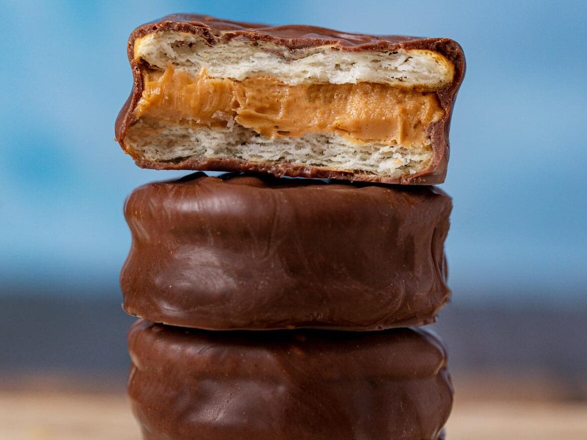 Chocolate Peanut Butter Sandwich Cookies in stack