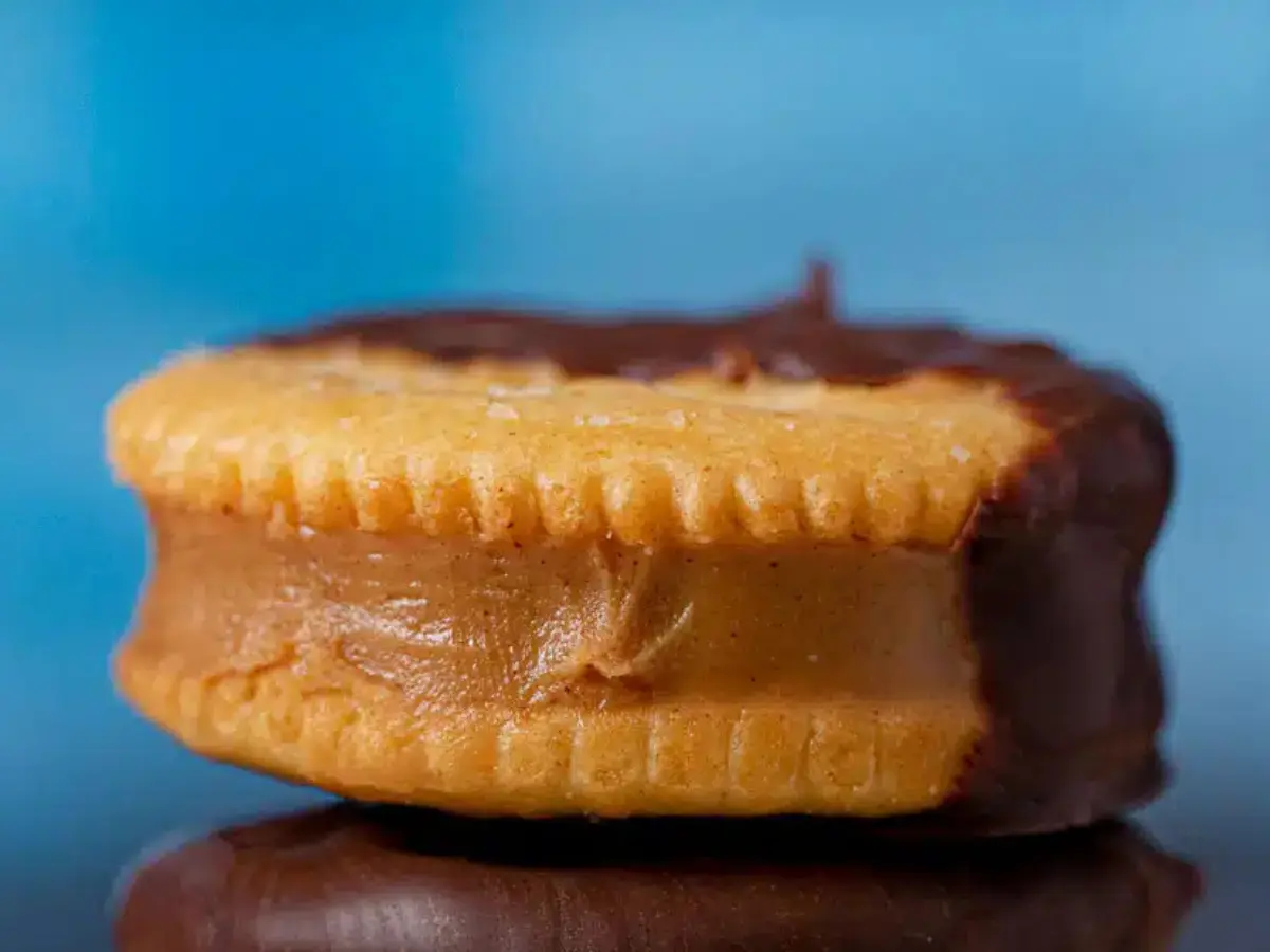 Cookie with peanut butter in the middle half dipped in chocolate