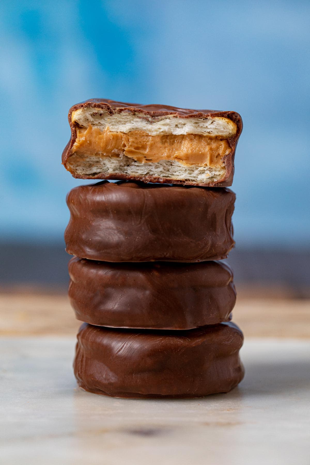 Chocolate Peanut Butter Sandwich Cookies in stack