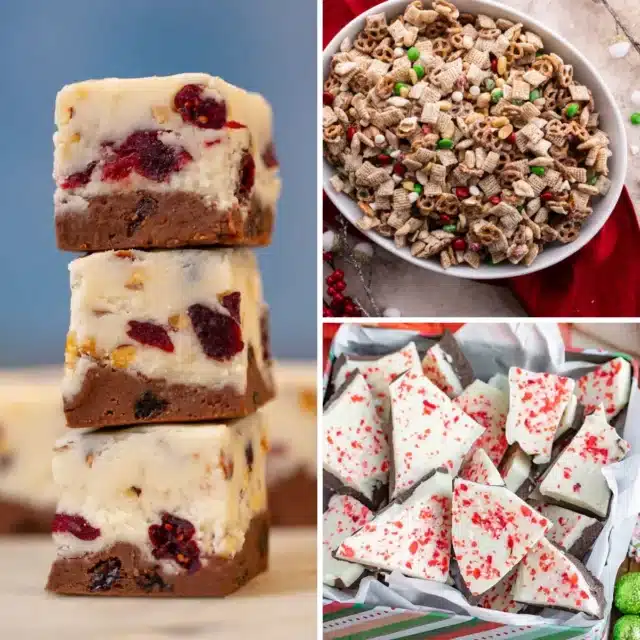 Homemade fudge, bark, and snack mix in a collage