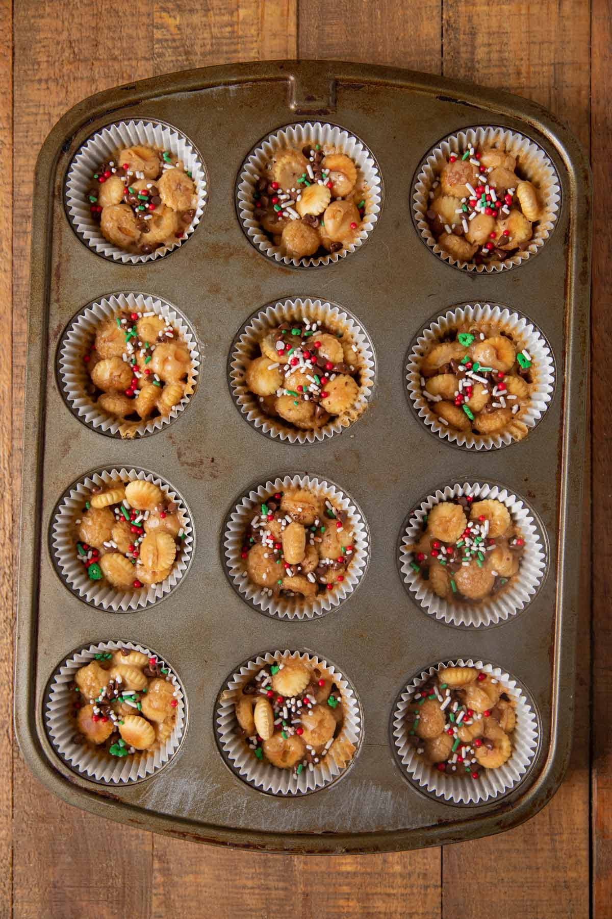 Christmas Saltine Toffee Cookies in muffin tin