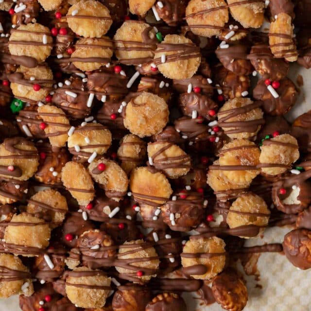 close-up of Christmas Saltine Toffee Snack Mix on baking sheet