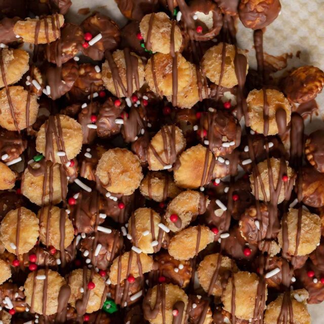 close-up of Snack Mix on baking sheet