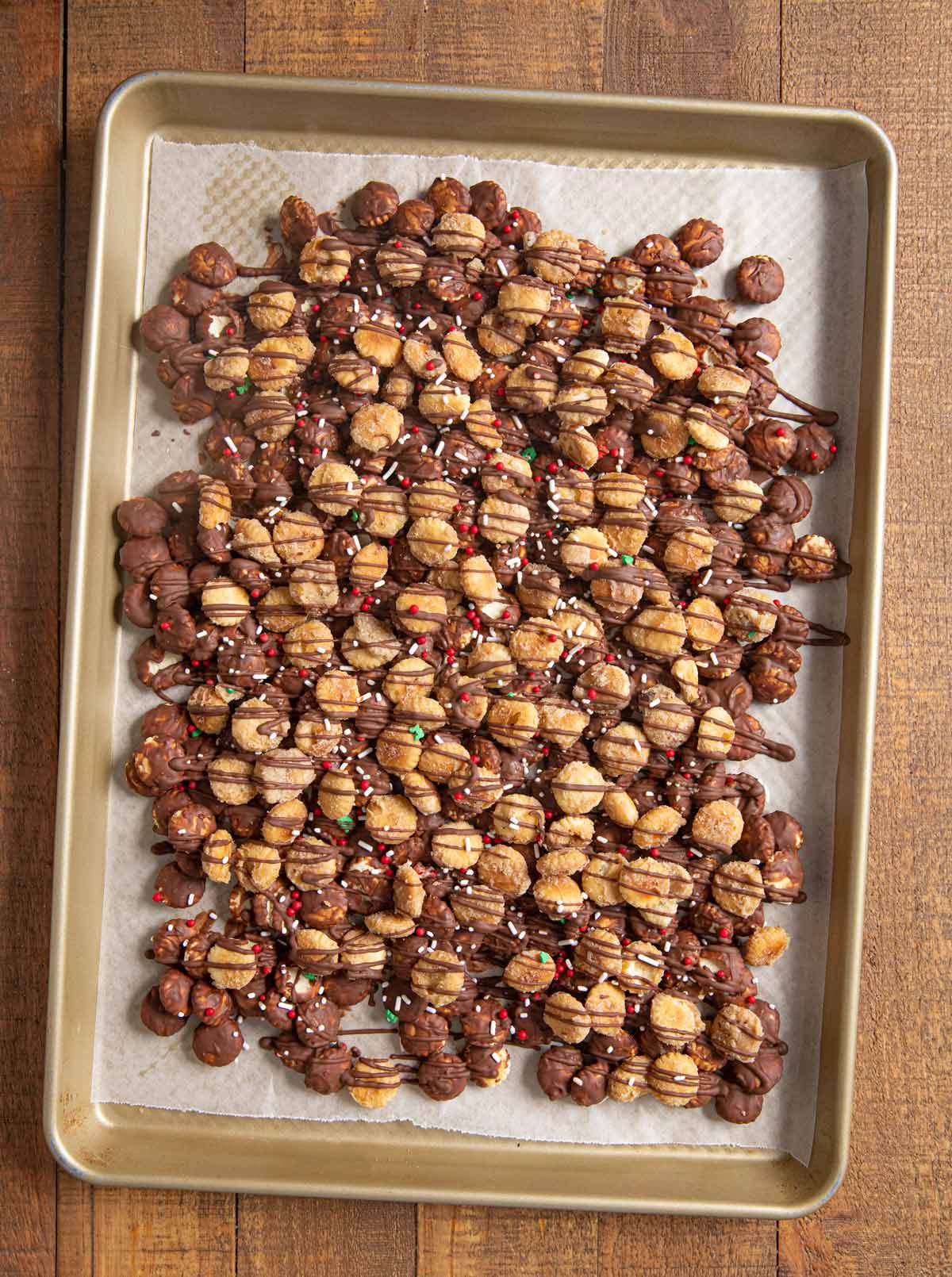 Christmas Saltine Toffee Snack Mix on baking sheet