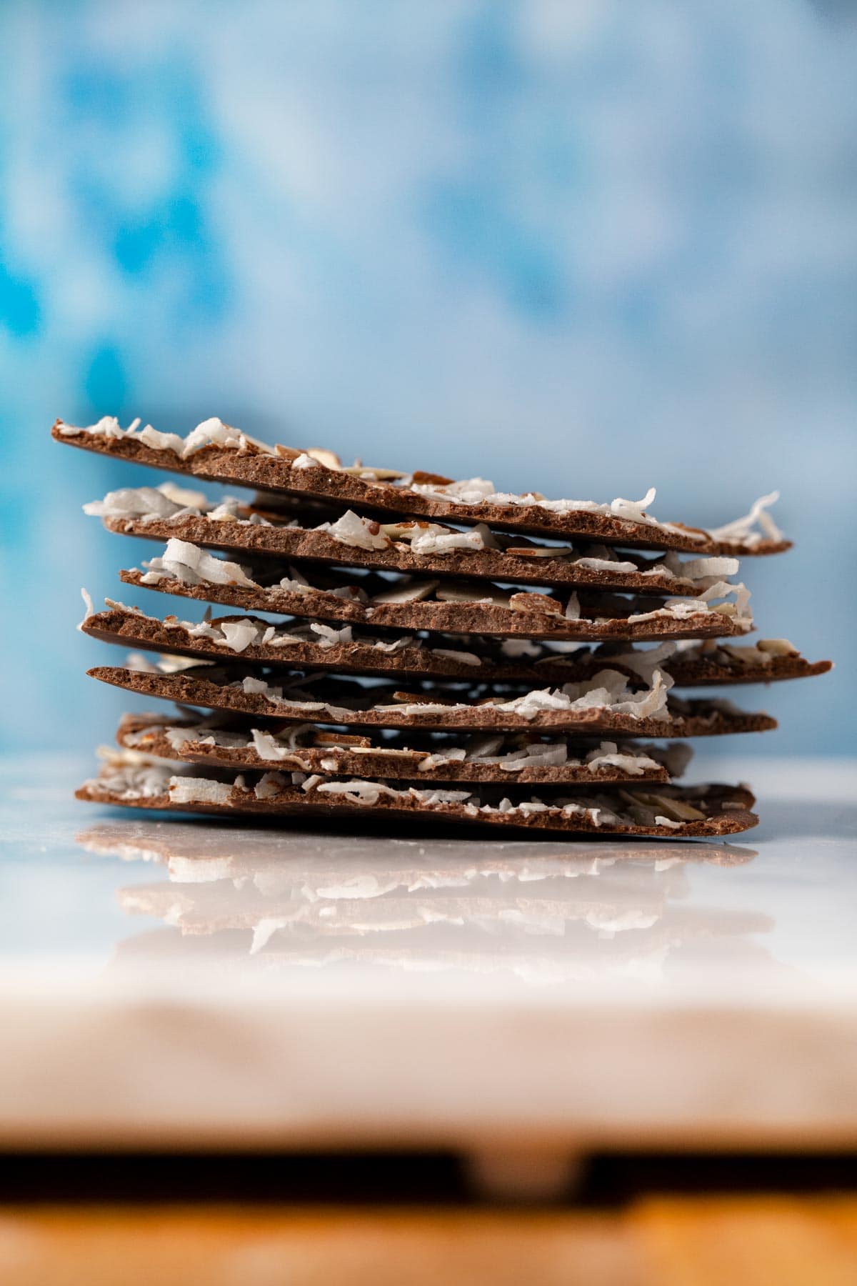 Coconut Almond Chocolate Bark pieces in stack