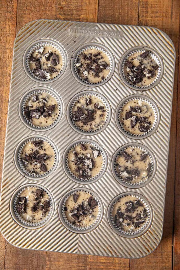 Cookies and Cream Muffins in muffin tin before baking