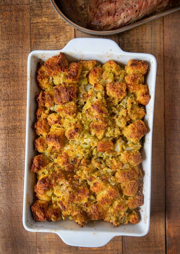 Cornbread Dressing in baking dish