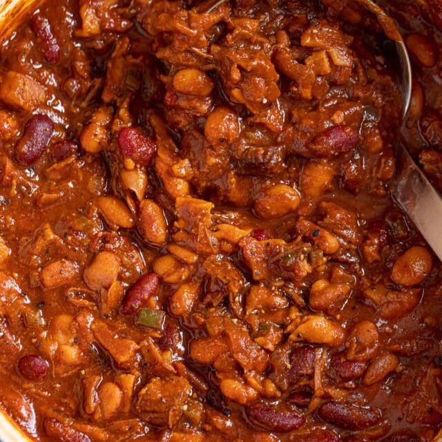 Cowboy Beans in pot with ladle